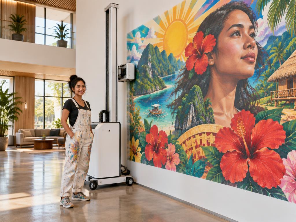 A Filipino artist standing beside a wall printer producing her colorful mural in a lobby