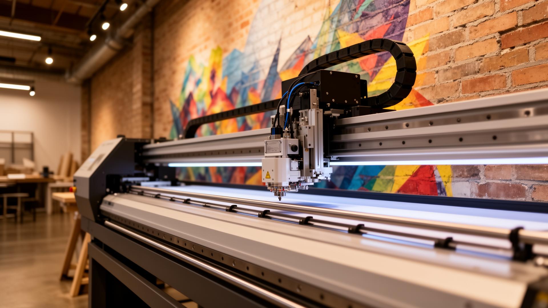 Wall printing machine spraying a vibrant mural