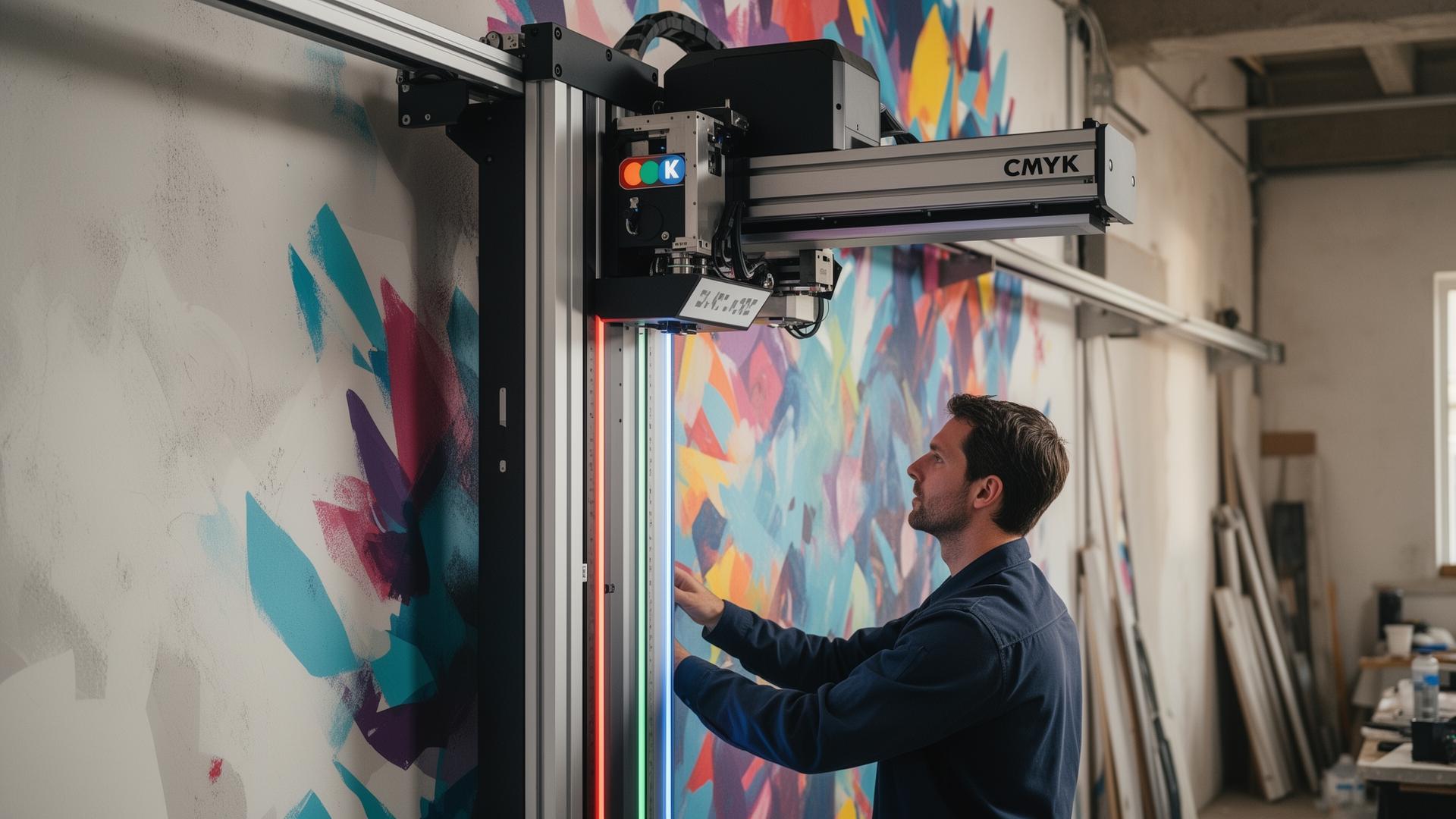 Technician operating a vertical CMYK wall printing machine